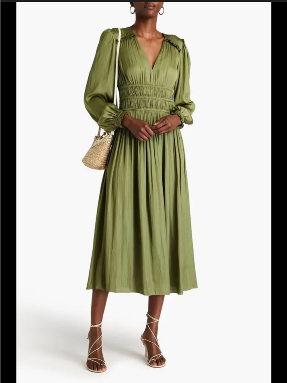 Olive Green Shirred-Waist Midi Skirt